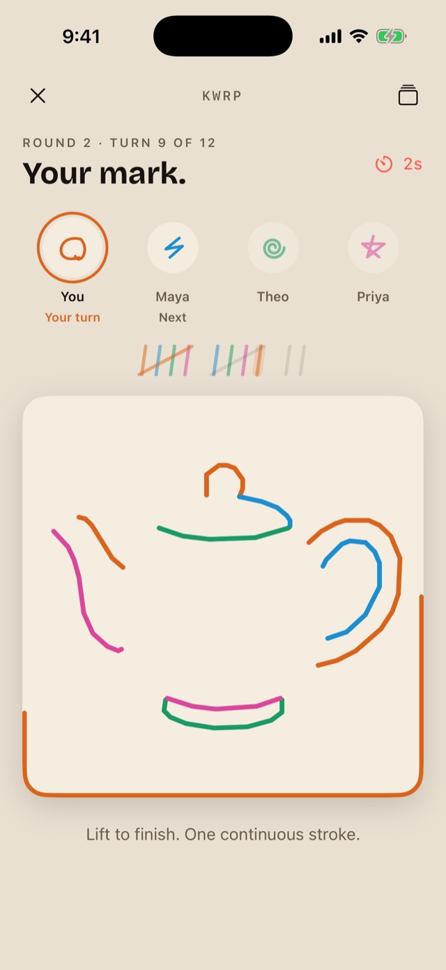 BLUFF drawing screen: Your mark. Round 2, turn 9 of 12. A teapot drawn in four colours.