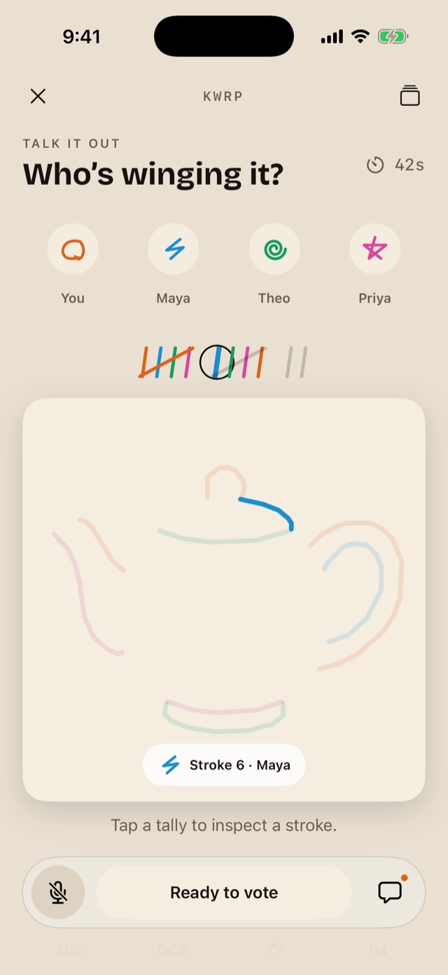 BLUFF discussion screen: Who’s winging it? Stroke 6 by Maya highlighted on the drawing.