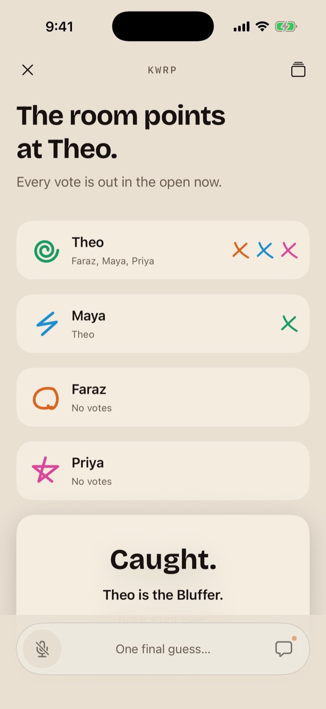 BLUFF vote screen: Who’s bluffing? Theo is selected.