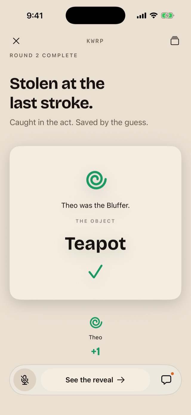 BLUFF result: Stolen at the last stroke. Theo was the Bluffer and guessed Teapot.